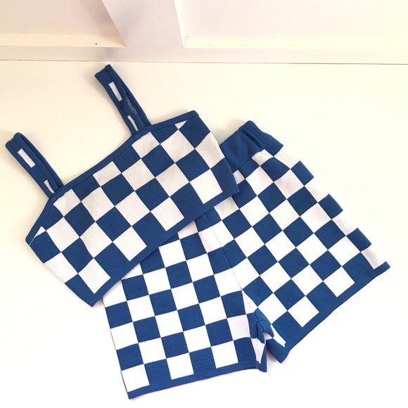 Knit Shorts Set Crop Top Knit Short Checks 2 Piece Shorts Set Blue Size Medium - Picture 2 of 16